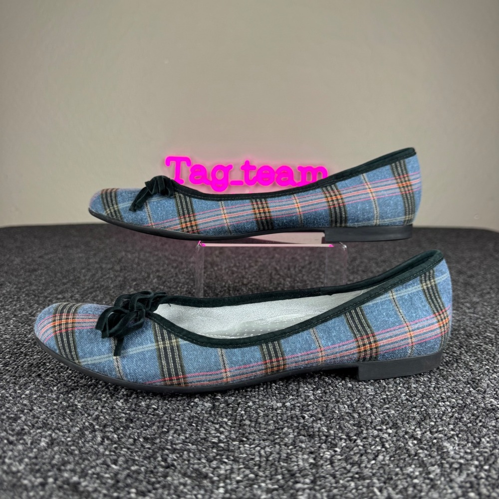 L.L. Bean Ballet Flats Plaid Bow Women 10M Blue Orange preppy office attire